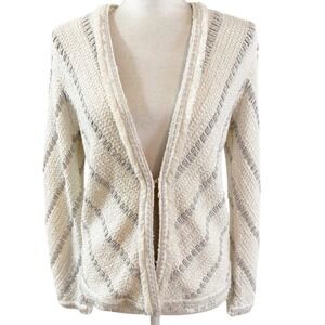 NIC ZOE White Textured Tweed Knit Cardigan Blazer Jacket Stripe Fringe Trimed XL